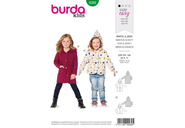 Strih Burda 9289 - Detský kabát s kapucňou