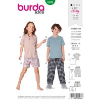Strih Burda 9288 - Detské tričko, nohavice s gumou v páse, šortky