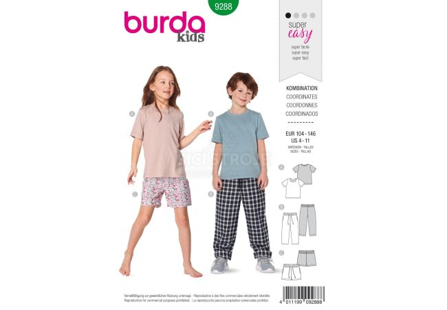 Strih Burda 9288 - Detské tričko, nohavice s gumou v páse, šortky