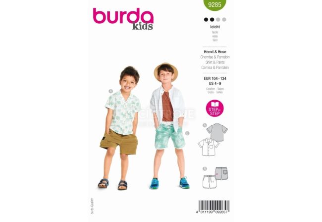 Strih Burda 9285 - Detská košeľa, kraťasy