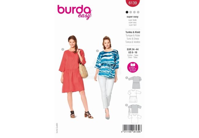 Strih Burda 6139 - Tunikové šaty, ľanové šaty, tunika s opaskom
