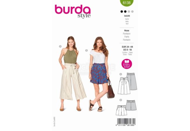 Strih Burda 6138 - Culottes, šortky s vysokým pásom