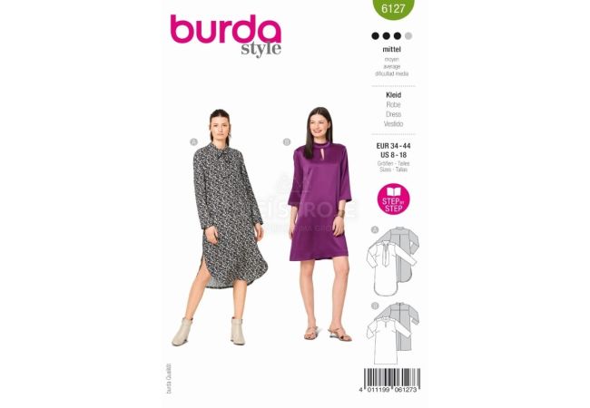 Strih Burda 6127 - Košeľové šaty s viazačkou, šaty so stojačikom