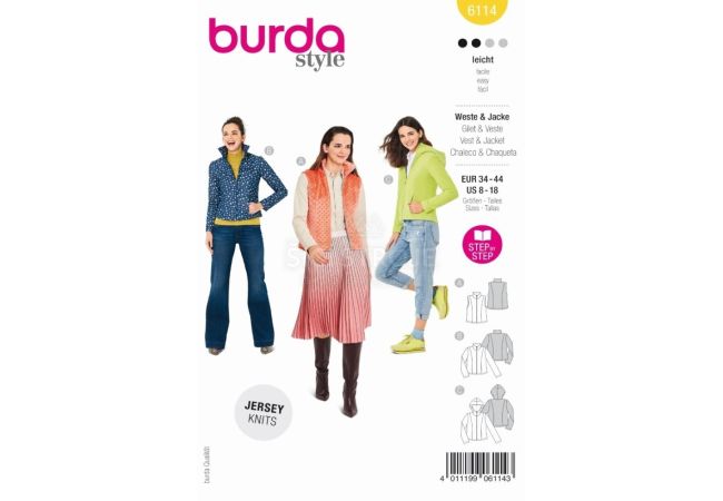 Strih Burda 6114 - Vesta, fleecová mikina, bunda s kapucňou