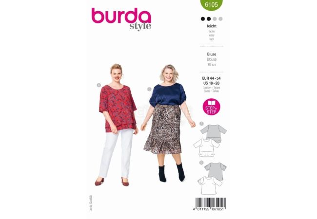 Strih Burda 6105 - Tričko s volánom pre plnoštíhle