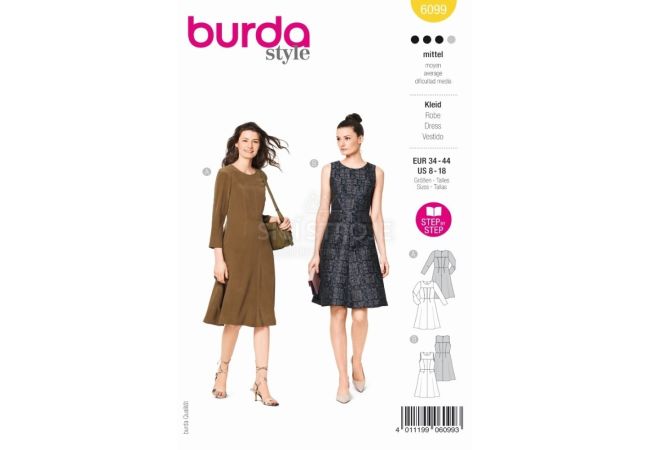 Strih Burda 6099 - Šaty bez rukávov, šaty s dlhým rukávom, koktailové šaty