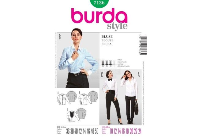 Strih Burda 7136 - Košeľa, košeľa s plastrónom