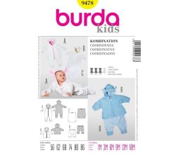 Strih Burda 9478 - Detská kombinéza, bunda s kapucňou, nohavice, zatepľovací návlek