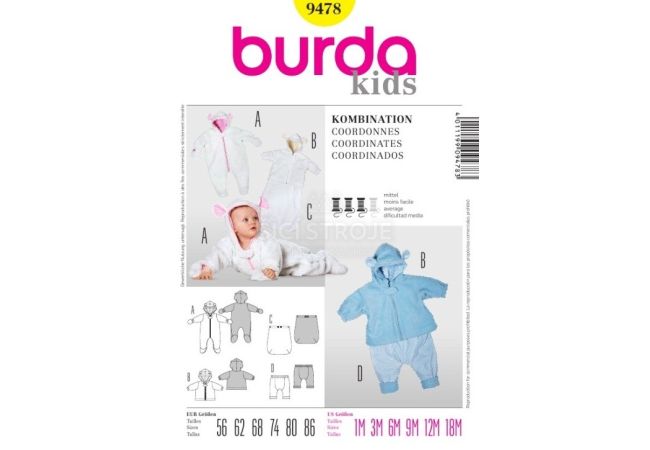 Strih Burda 9478 - Detská kombinéza, bunda s kapucňou, nohavice, zatepľovací návlek