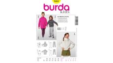 Strih Burda 9482 - Detská mikina s kapucňou, mikina s vysokým golierom, tepláky, legíny