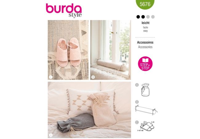 Strih Burda 5676 - Domáce šľapky, ochrana proti prievanu, obal na ohrievaciu fľašu