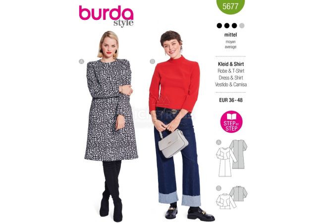 Strih Burda 5677 - Áčkové šaty s dlhým rukávom, top so stojačikom
