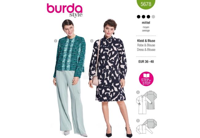 Strih Burda 5678 - Splývavé košeľové šaty, košeľová blúzka