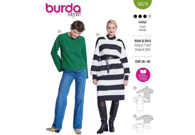 Strih Burda 5679 - Mikinové šaty, rolákové šaty, sveter
