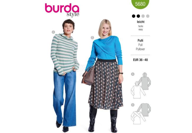Strih Burda 5680 - Mikina s kapucňou, pletený upnutý top s prekrížením