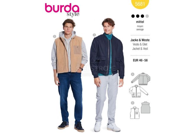 Strih Burda 5681 - Pánska bunda bluzón na zips, vesta