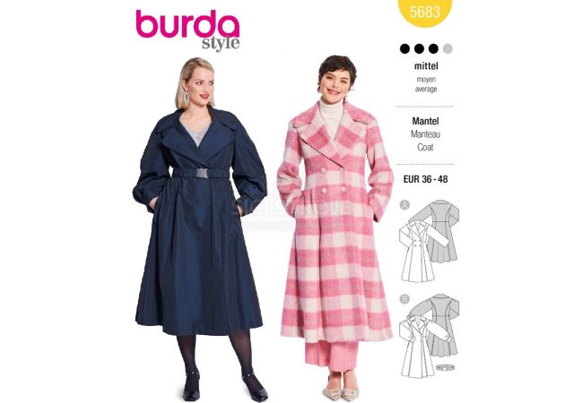 Strih Burda 5683 - Kabát s dvojradovým zapínaním, kabát so širokou sukňou