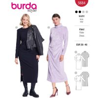 Strih Burda 5684 - Úzke rolákové šaty, midi šaty s asymetrickým riasením