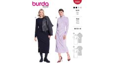 Strih Burda 5684 - Úzke rolákové šaty, midi šaty s asymetrickým riasením