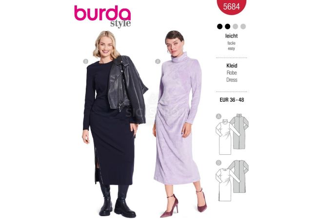 Strih Burda 5684 - Úzke rolákové šaty, midi šaty s asymetrickým riasením