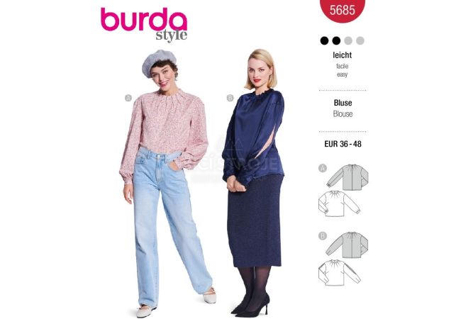 Strih Burda 5685 - Blúzka so skladmi, blúzka s prestrihmi na rukávoch