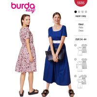 Strih Burda 5686 - Šaty s gumičkou v páse, midi šaty s rozšírenou sukňou