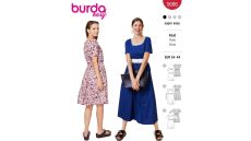 Strih Burda 5686 - Šaty s gumičkou v páse, midi šaty s rozšírenou sukňou