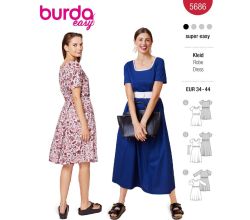 Strih Burda 5686 - Šaty s gumičkou v páse, midi šaty s rozšírenou sukňou