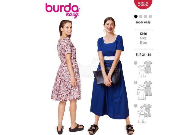 Strih Burda 5686 - Šaty s gumičkou v páse, midi šaty s rozšírenou sukňou
