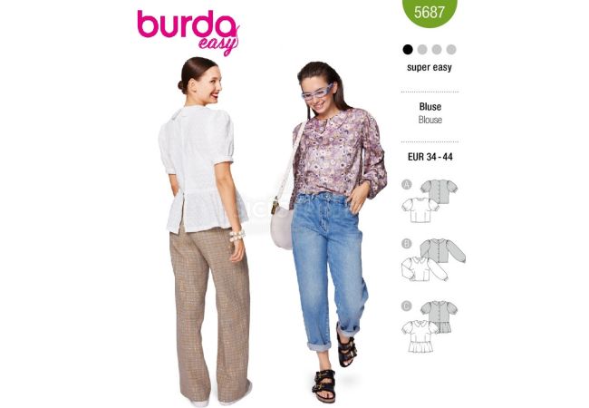 Strih Burda 5687 - Blúzka s golierom, blúzka peplum, zapínacia blúzka
