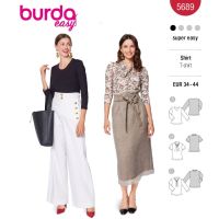 Strih Burda 5689 - Džersejové tričko s dlhým rukávom, krajková blúzka s viazačkou