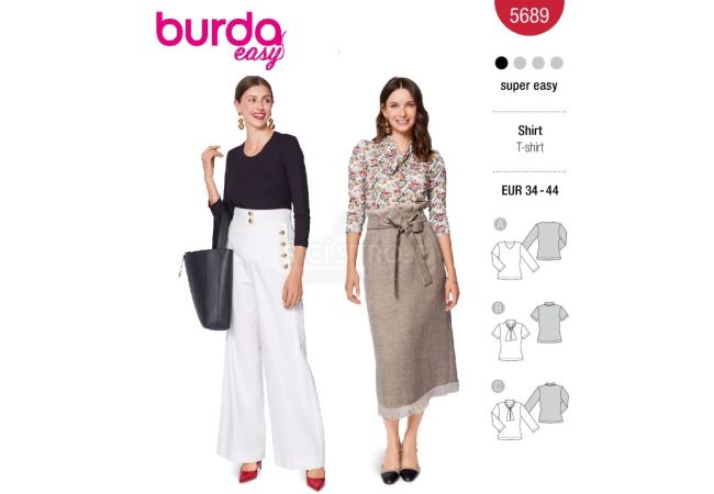 Strih Burda 5689 - Džersejové tričko s dlhým rukávom, krajková blúzka s viazačkou