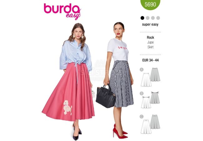 Strih Burda 5690 - Široká sukňa, kolesová sukňa, dlhá sukňa