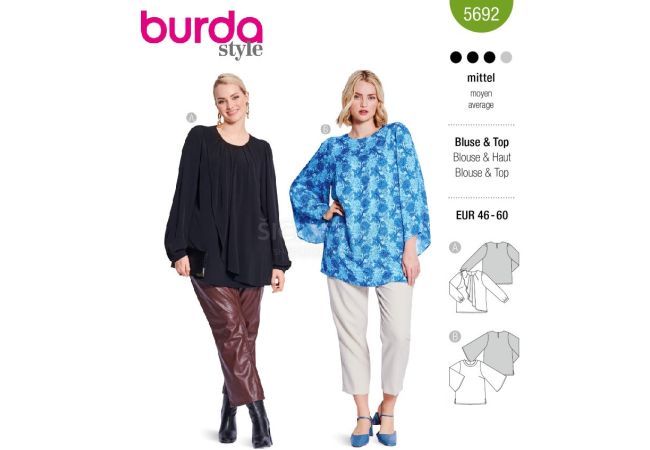 Strih Burda 5692 - Tunika v štýle 70. rokov, voľná blúzka, dvojvrstvová blúzka