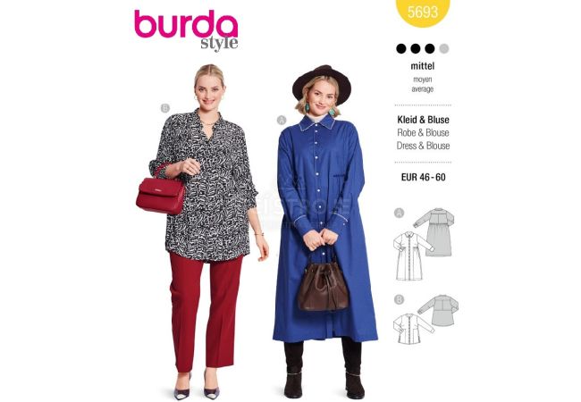 Strih Burda 5693 - Košeľové šaty, kabátové šaty, košeľová tunika