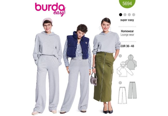 Strih Burda 5694 - Mikina s kapucňou, teplákové nohavice s gumou v páse