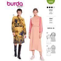 Strih Burda 5696 - Šaty s vysokým golierom, šaty s gumou v páse
