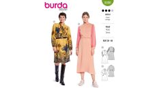 Strih Burda 5696 - Šaty s vysokým golierom, šaty s gumou v páse