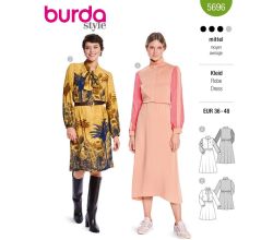 Strih Burda 5696 - Šaty s vysokým golierom, šaty s gumou v páse