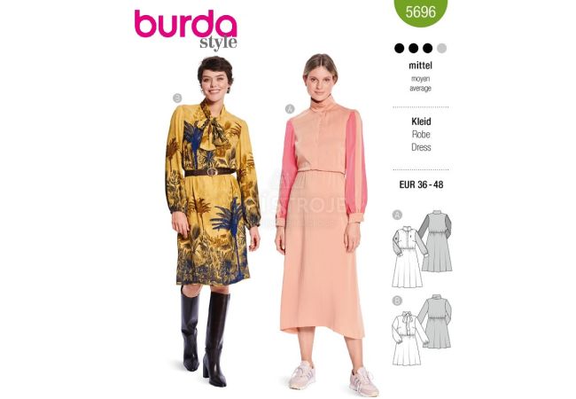 Strih Burda 5696 - Šaty s vysokým golierom, šaty s gumou v páse