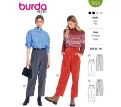 Strih Burda 5699 - Nohavice so skladmi, cargo nohavice, nohavice s vysokým pásom