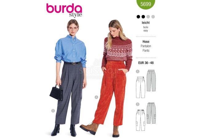 Strih Burda 5699 - Nohavice so skladmi, cargo nohavice, nohavice s vysokým pásom