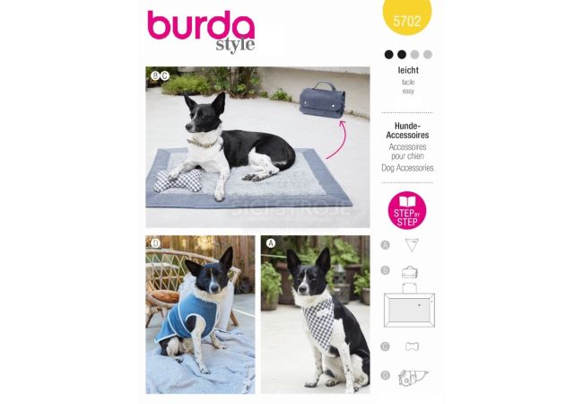 Strih Burda 5702 - Šatka a kabátik pre psa, cestovný pelech, hračka