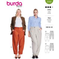 Strih Burda 5703 - Športovo-elegantné nohavice, kargo nohavice, nohavice s gumou v páse
