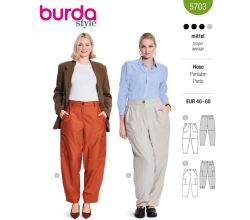 Strih Burda 5703 - Športovo-elegantné nohavice, kargo nohavice, nohavice s gumou v páse