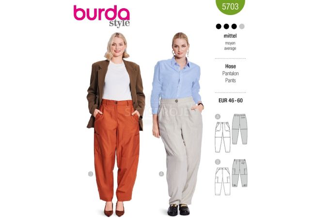 Strih Burda 5703 - Športovo-elegantné nohavice, kargo nohavice, nohavice s gumou v páse