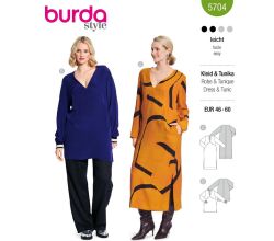 Strih Burda 5704 - Empírové šaty s dlhým rukávom, tunika s bočnými rázporkami