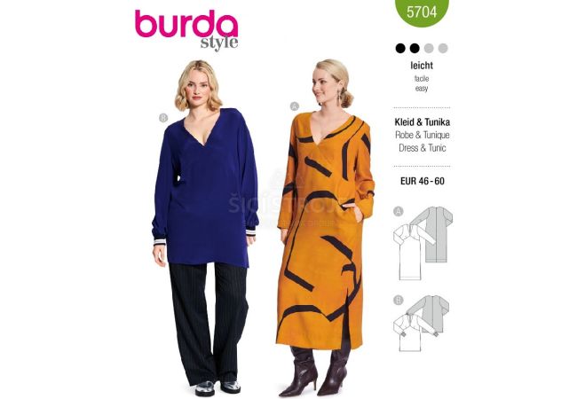 Strih Burda 5704 - Empírové šaty s dlhým rukávom, tunika s bočnými rázporkami