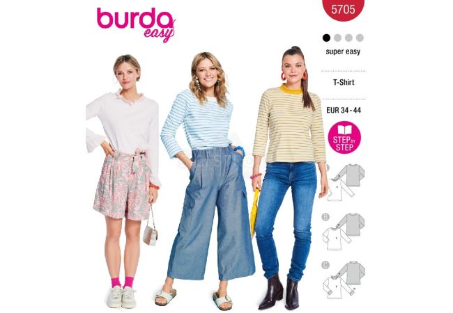 Strih Burda 5705 - Tričko so širokým krčným lemom, tričko s dlhým rukávom