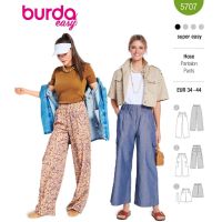 Strih Burda 5707 - Nohavice s gumou v páse, džínsové nohavice marlene so širokými nohavicami, šortky